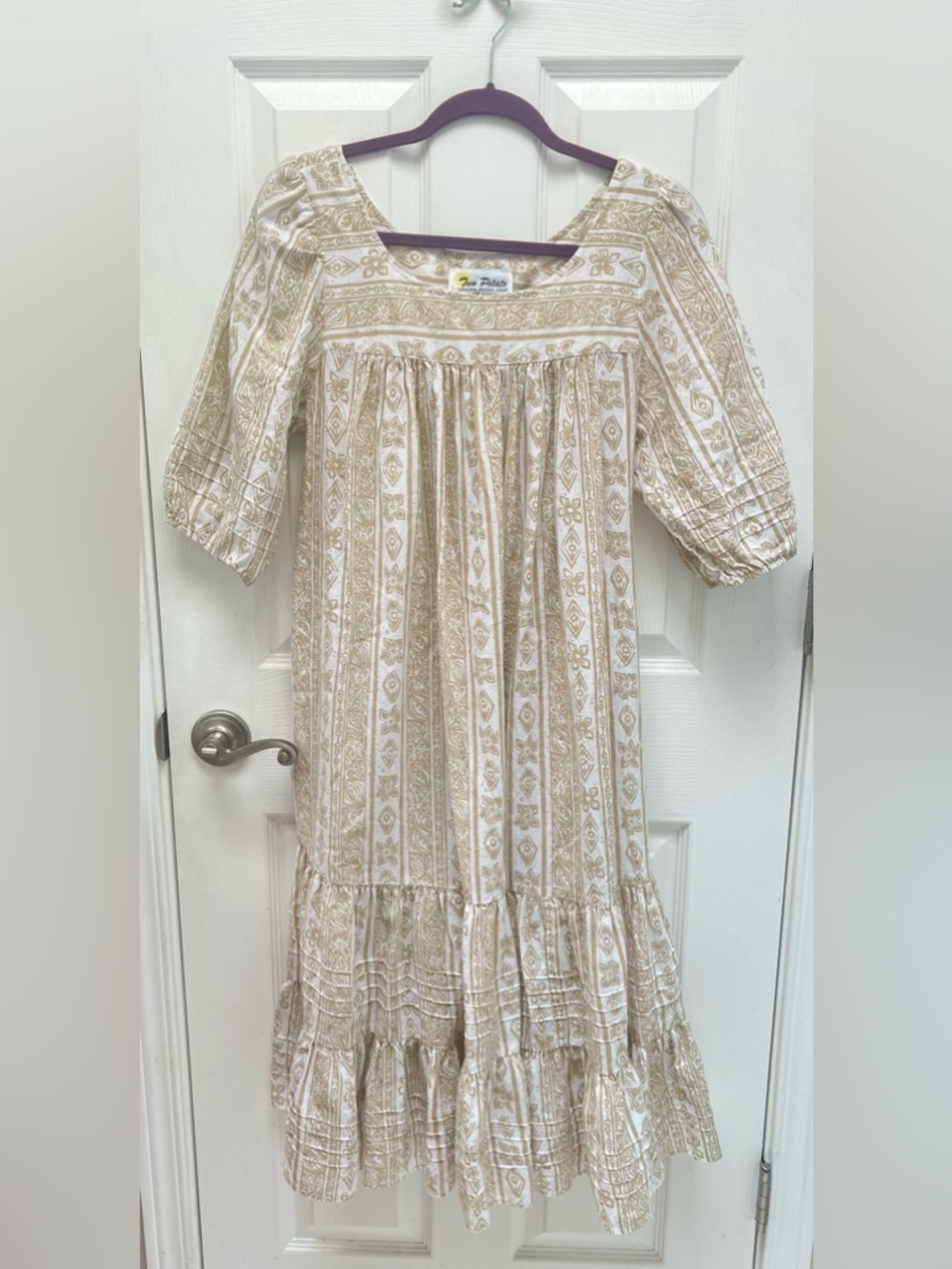 Vintage 70's Two Potato Dress Beige & Tan Print Boho Midi MuuMuu Size Large